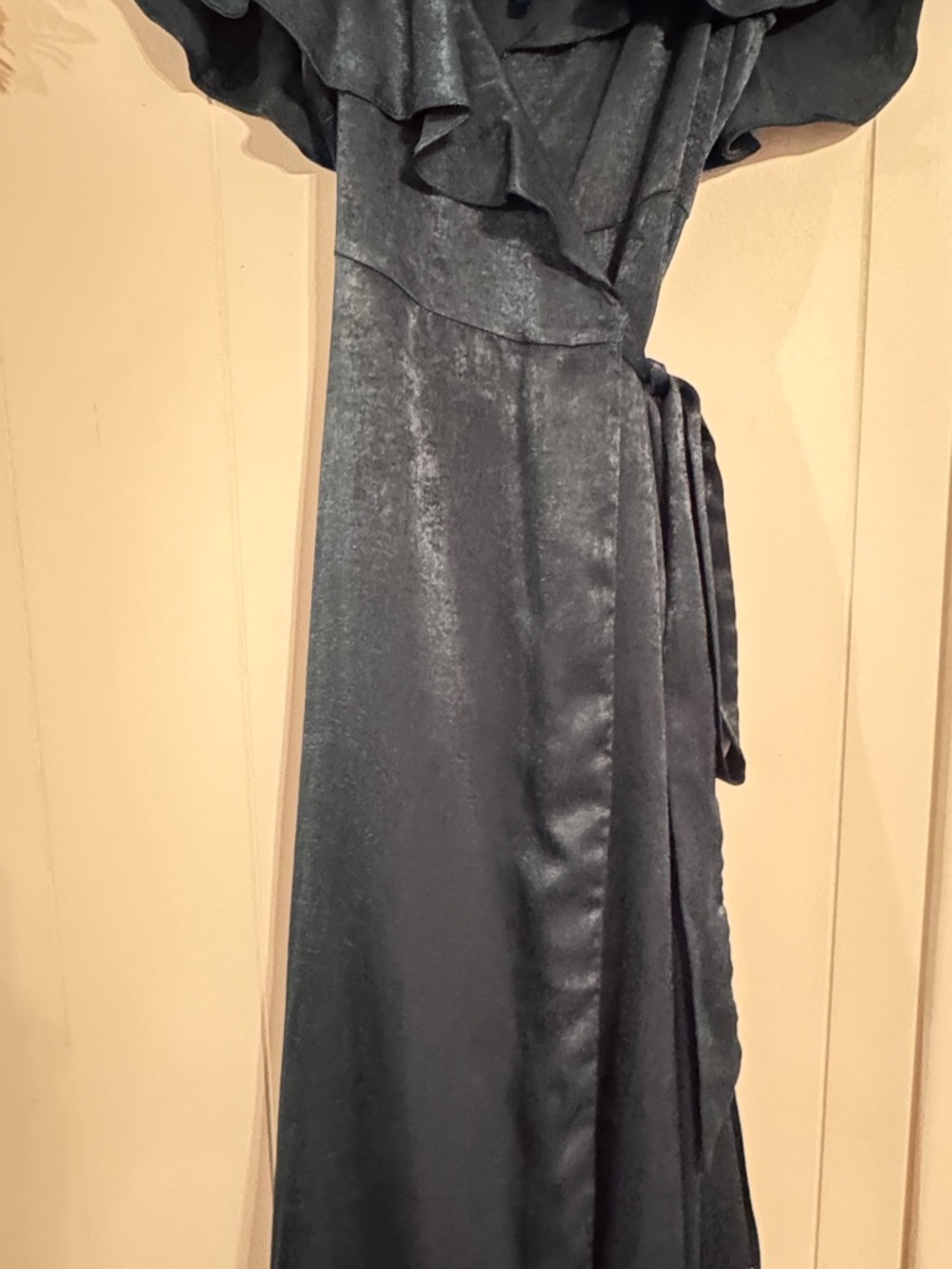 Lulu's Emerald Green Satin Maxi Wrap Dress with Ruffle cold shoulder